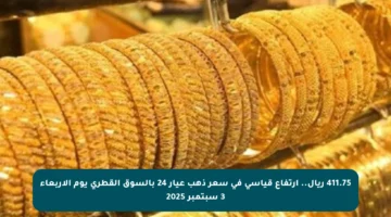 411.75 ريال.. ارتفاع قياسي في سعر ذهب عيار 24 بالسوق القطري يوم الأربعاء 3 سبتمبر 2025